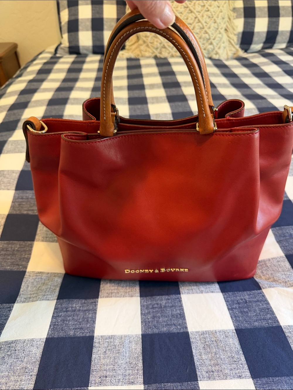 Dooney & Bourke Red Leather Satchel with Tan Handles